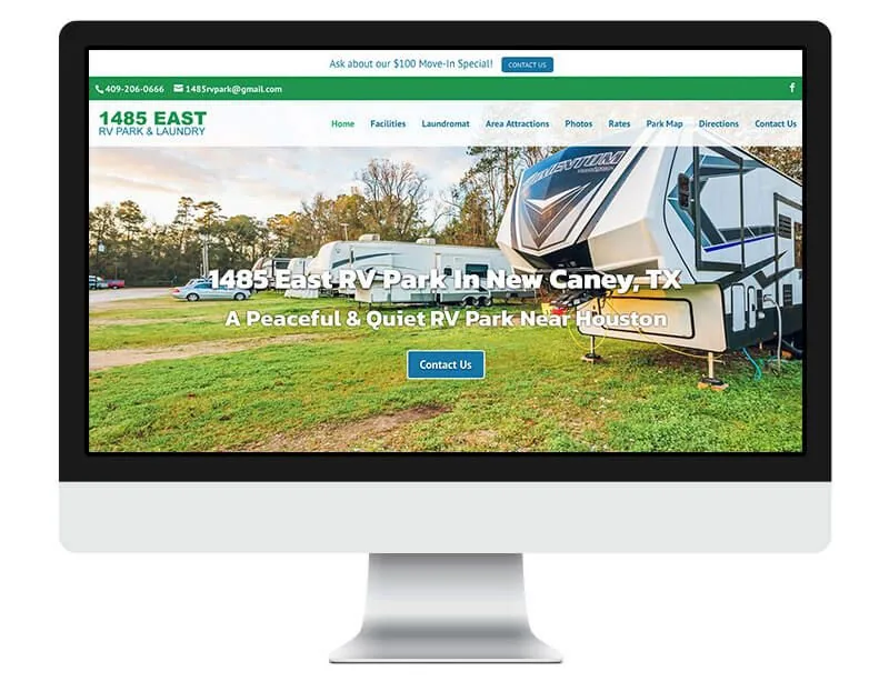 Screenshot of a 1485 East RV Park website on a desktop monitor